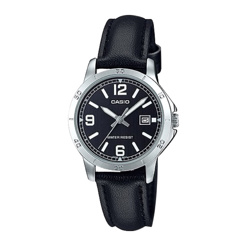 Casio Ladies' Standard Analog Black Leather Strap Watch LTPV004L-1B LTP-V004L-1B Watchspree