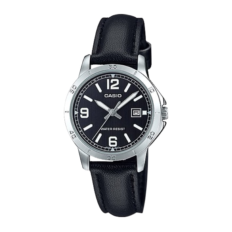Casio Ladies' Standard Analog Black Leather Strap Watch LTPV004L-1B LTP-V004L-1B Watchspree