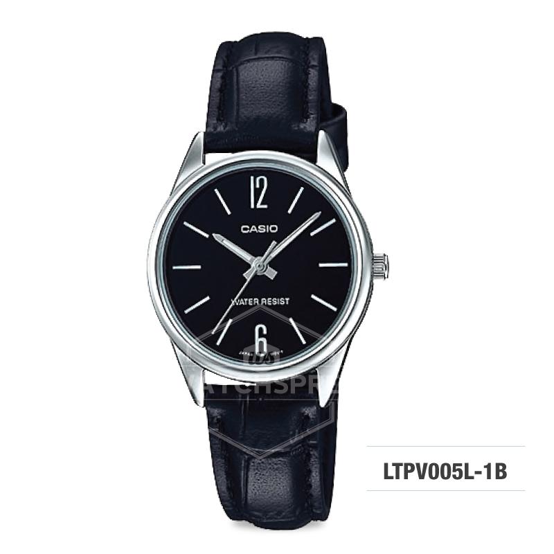 Casio Ladies' Standard Analog Black Leather Strap Watch LTPV005L-1B LTP-V005L-1B Watchspree