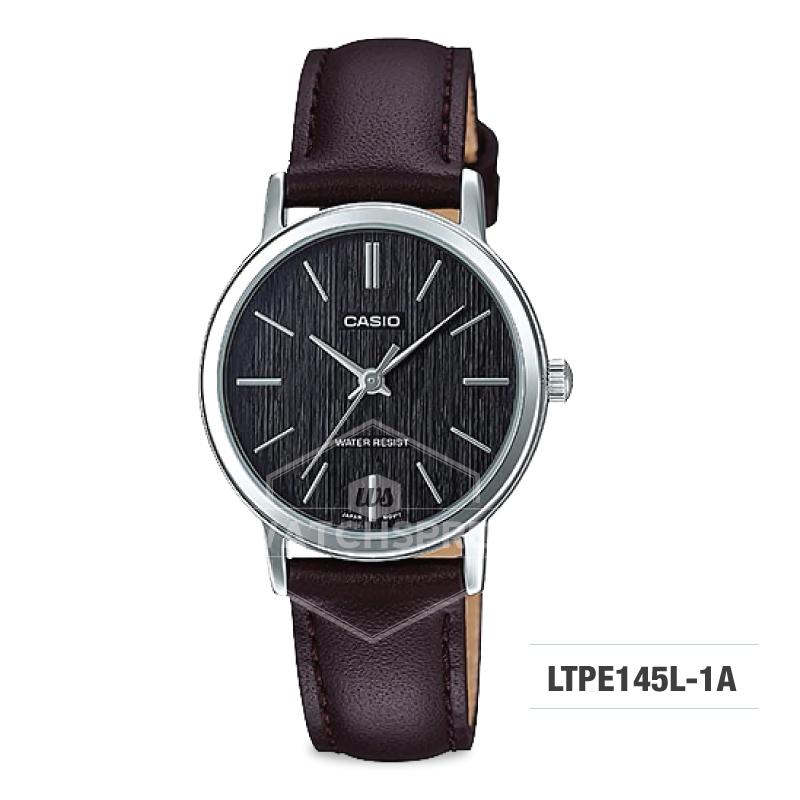 Casio Ladies' Standard Analog Dark Brown Leather Strap Watch LTPE145L-1A LTP-E145L-1A Watchspree