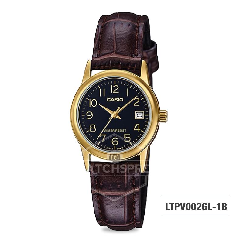 Casio Ladies' Standard Analog Dark Brown Leather Strap Watch LTPV002GL-1B LTP-V002GL-1B Watchspree