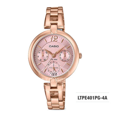 Casio Ladies' Standard Analog Pink Gold Ion Plated Band Watch LTPE401PG-4A LTP-E401PG-4A Watchspree