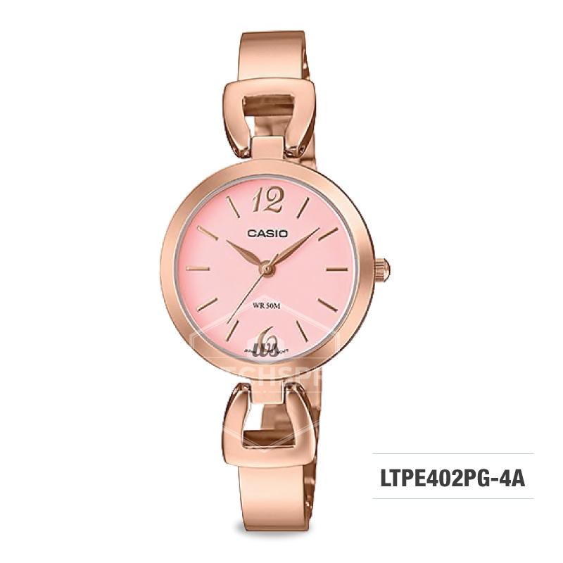 Casio Ladies' Standard Analog Pink Gold Ion Plated Band Watch LTPE402PG-4A LTP-E402PG-4A Watchspree