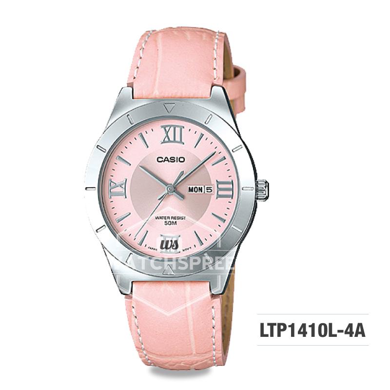 Casio Ladies' Standard Analog Pink Leather Strap Watch LTP1410L-4A LTP-1410L-4A Watchspree