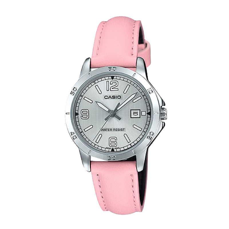 Casio Ladies' Standard Analog Pink Leather Strap Watch LTPV004L-4B LTP-V004L-4B Watchspree
