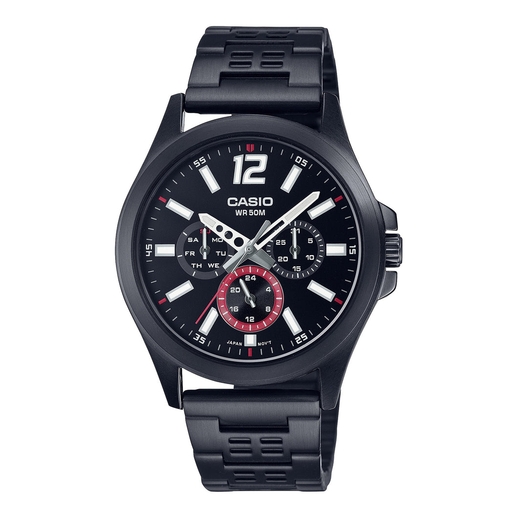 Casio Men's Analog Black Ion Plated Stainless Steel Band Watch MTPE350B-1B MTP-E350B-1B Watchspree