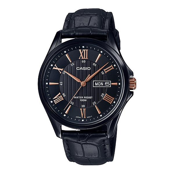 Casio Men's Analog Black Leather Band Watch MTP1384BL-1A2 MTP-1384BL-1A2 Watchspree