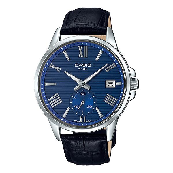 Casio Men's Analog Black Leather Band Watch MTPEX100L-2A MTP-EX100L-2A Watchspree