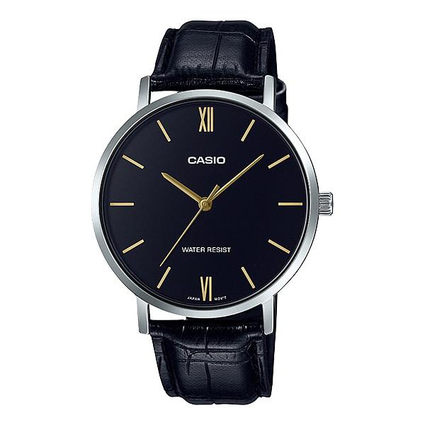Casio Men's Analog Black Leather Band Watch MTPVT01L-1B MTP-VT01L-1B Watchspree