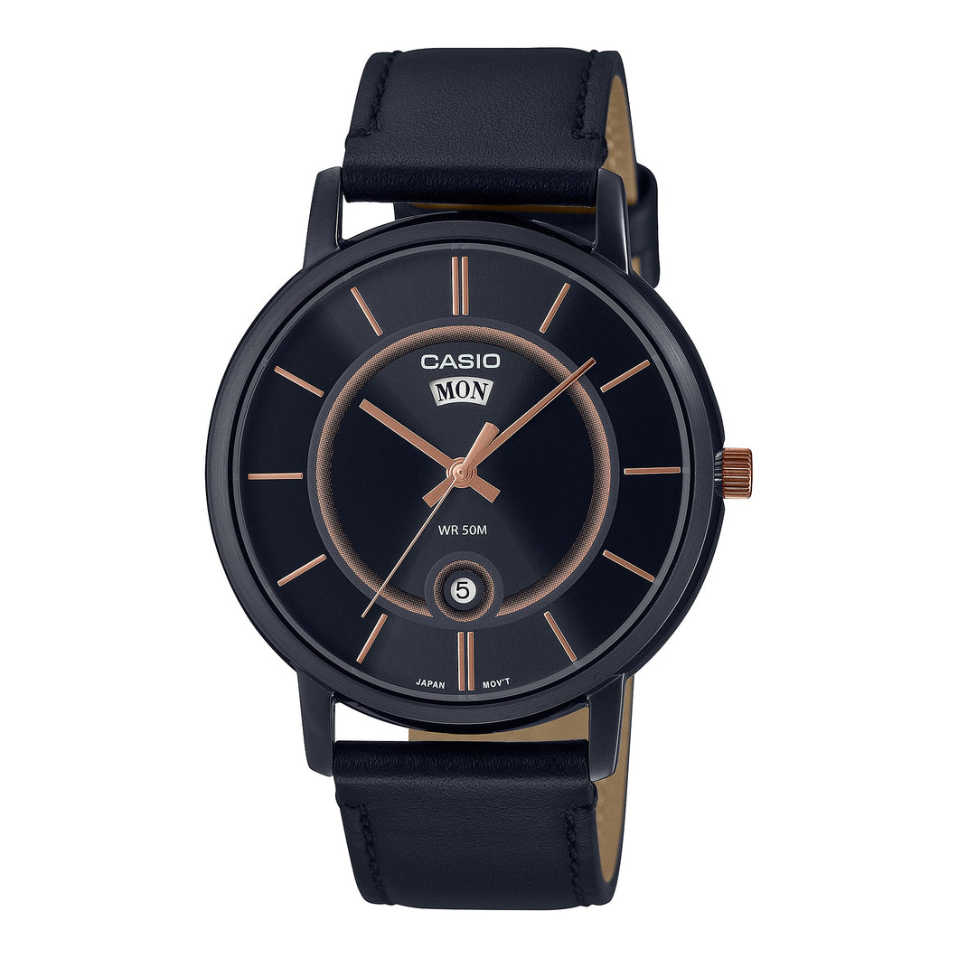 Casio Men's Analog Black Leather Strap Watch MTPB120BL-1A MTP-B120BL-1A Watchspree