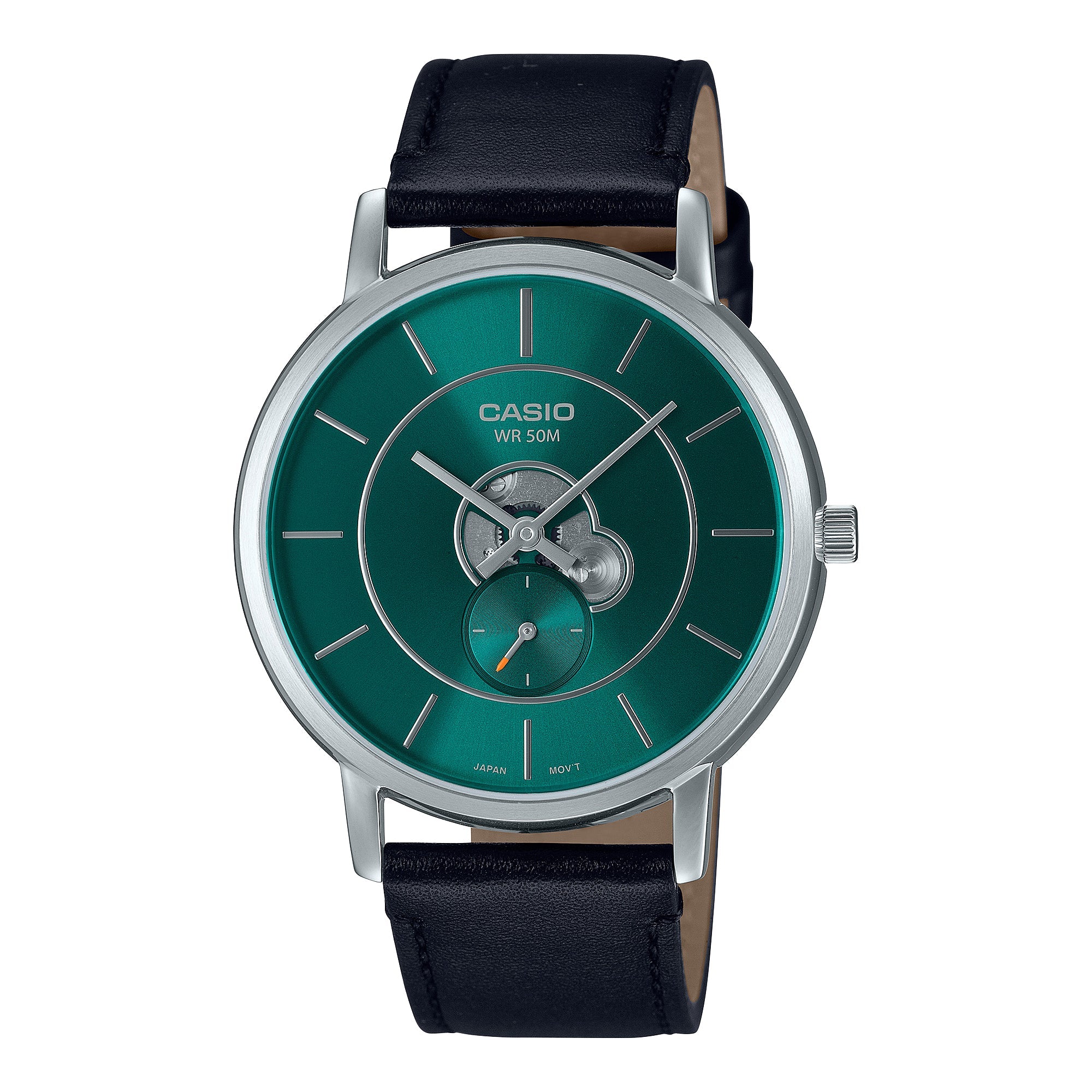 Casio Men's Analog Black Leather Strap Watch MTPB130L-3A MTP-B130L-3A Watchspree