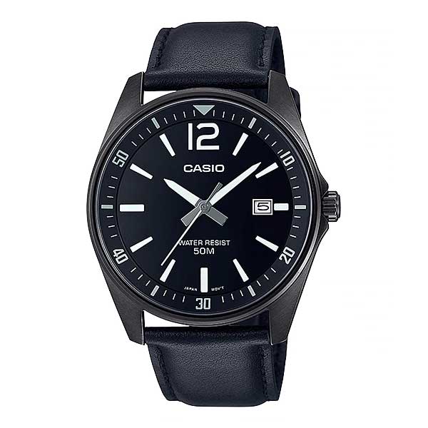 Casio Men's Analog Black Leather Strap Watch MTPE170BL-1B MTP-E170BL-1B Watchspree