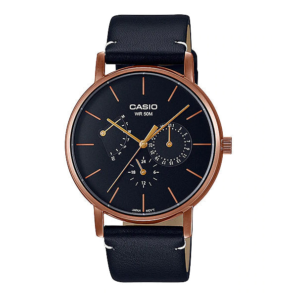 Casio Men's Analog Black Leather Strap Watch MTPE320RL-1E MTP-E320RL-1E Watchspree