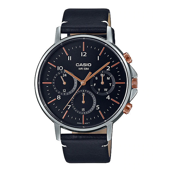 Casio Men's Analog Black Leather Strap Watch MTPE321L-1A MTP-E321L-1A Watchspree