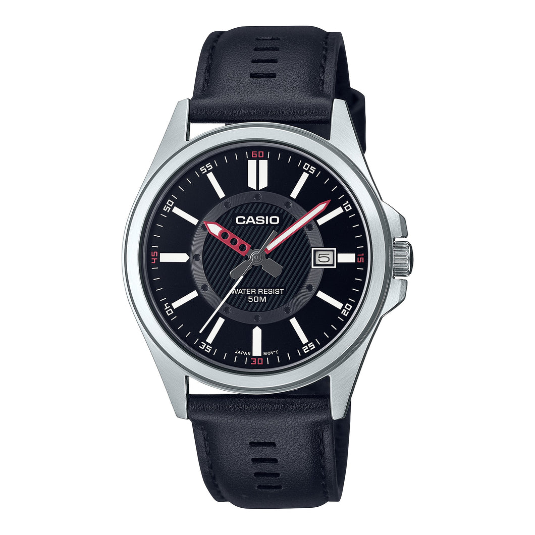 Casio Men's Analog Black Leather Strap Watch MTPE700L-1E MTP-E700L-1E Watchspree