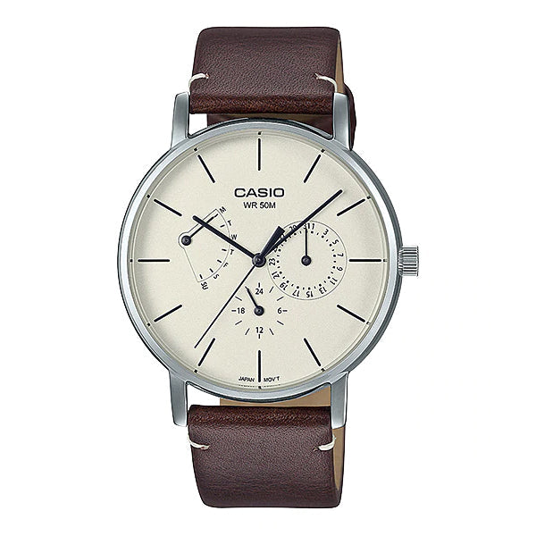 Casio Men's Analog Brown Leather Strap Watch MTPE320L-5E MTP-E320L-5E Watchspree