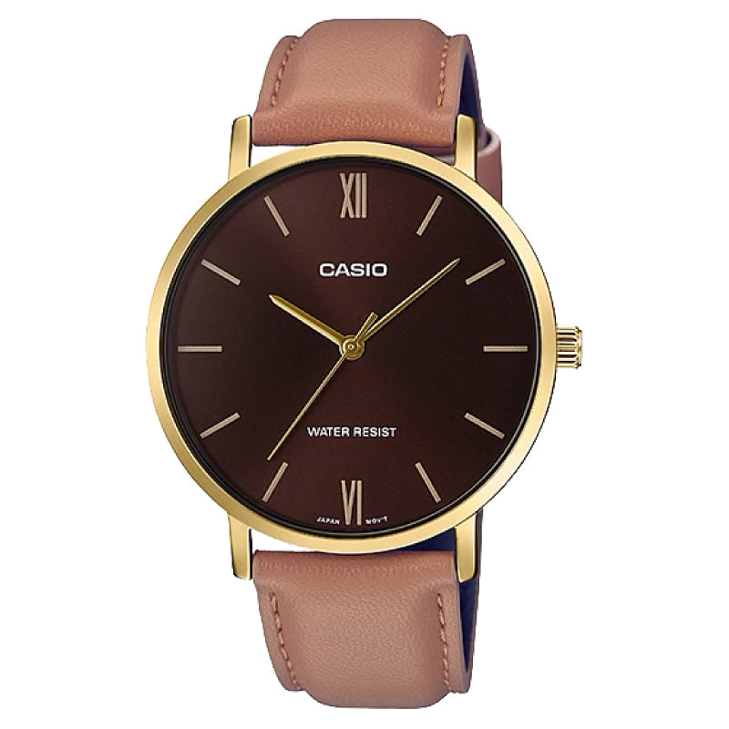 Casio Men's Analog Brown Leather Strap Watch MTPVT01GL-5B MTP-VT01GL-5B Watchspree