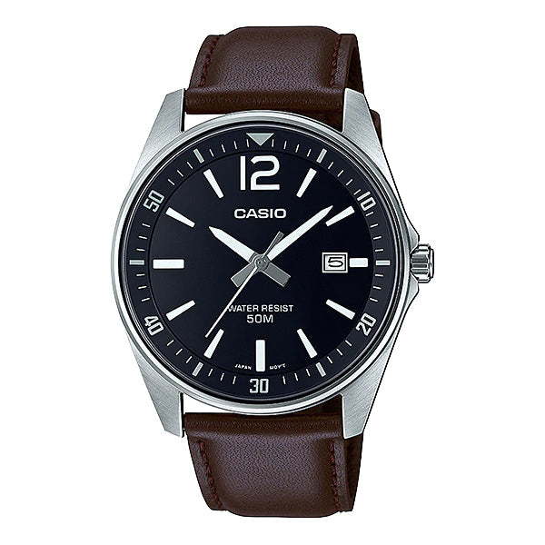 Casio Men's Analog Dark Brown Leather Strap Watch MTPE170L-1B MTP-E170L-1B Watchspree