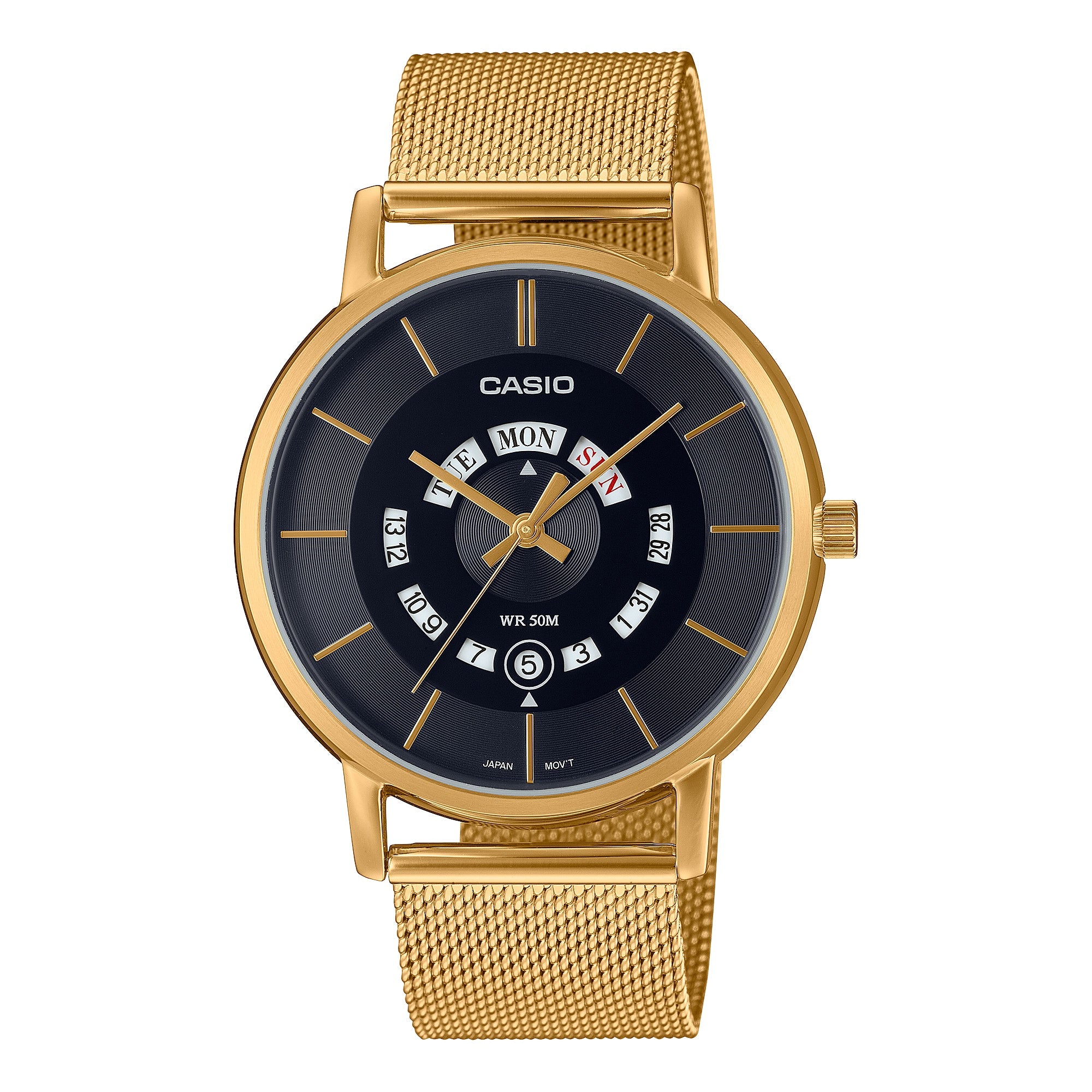 Casio Men's Analog Gold Ion Plated Stainless Steel Mesh Band Watch MTPB135MG-1A MTP-B135MG-1A Watchspree