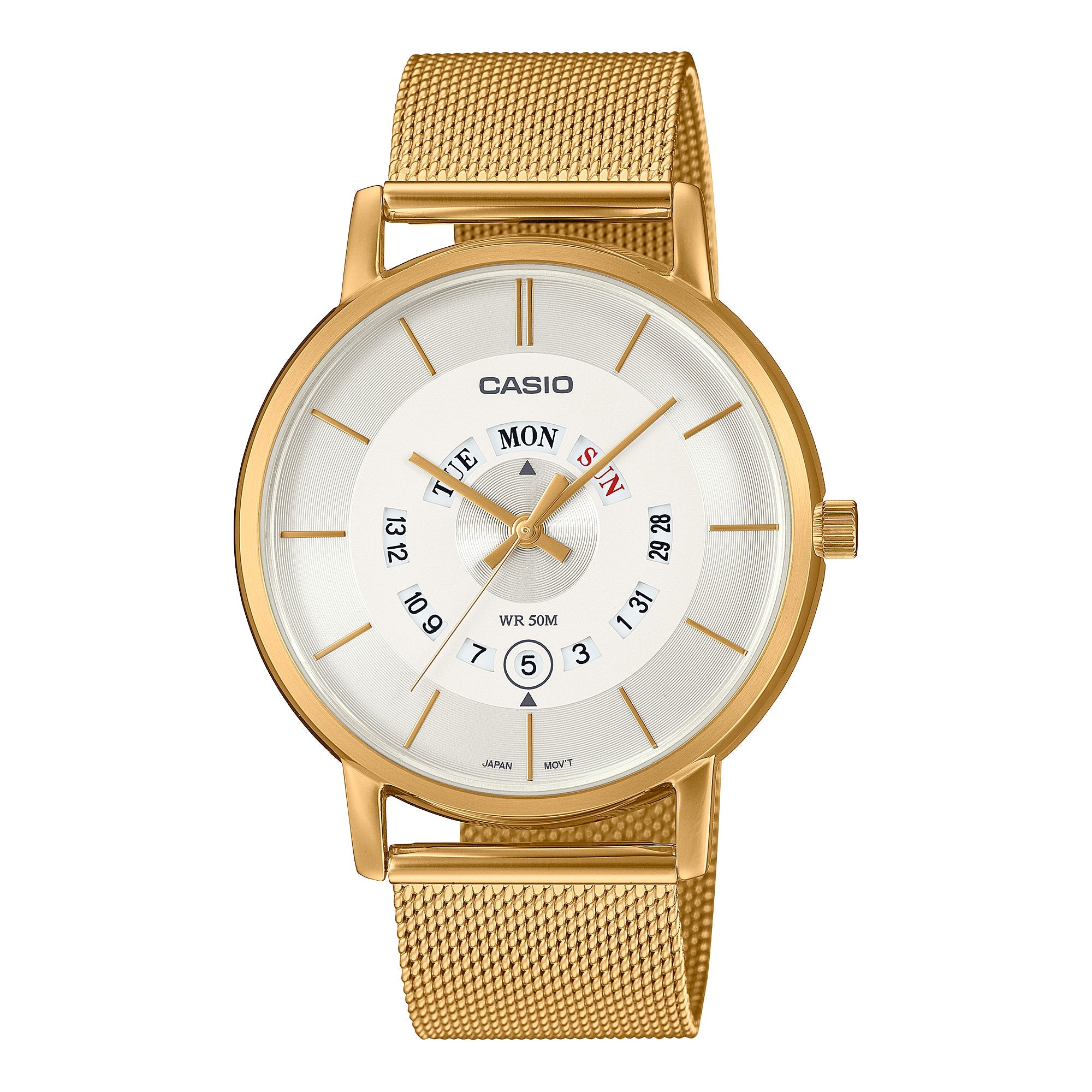 Casio Men's Analog Gold Ion Plated Stainless Steel Mesh Band Watch MTPB135MG-7A MTP-B135MG-7A Watchspree