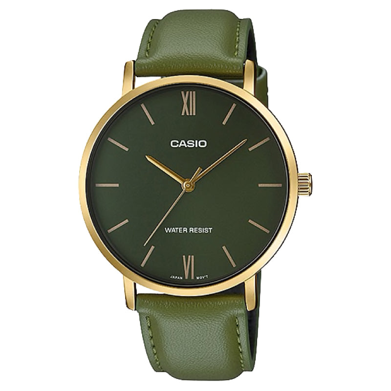 Casio Men's Analog Green Leather Strap Watch MTPVT01GL-3B MTP-VT01GL-3B Watchspree