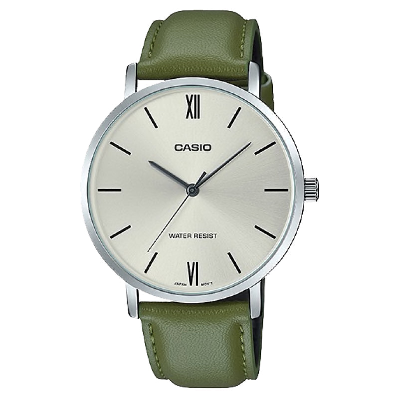 Casio Men's Analog Green Leather Strap Watch MTPVT01L-3B MTP-VT01L-3B Watchspree