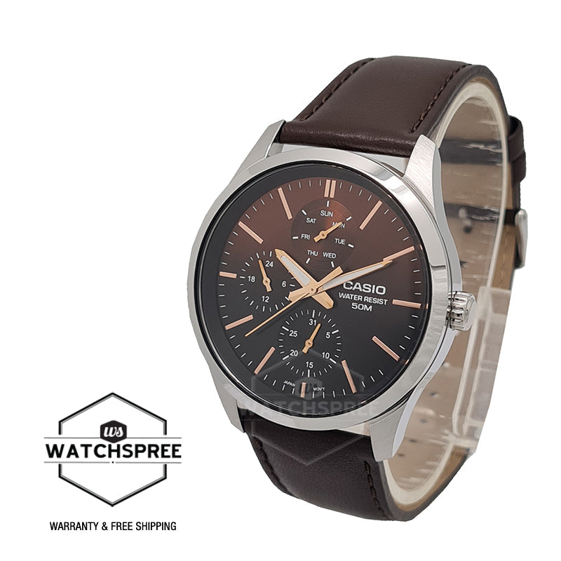 Casio Men's Analog Multi Hands Brown Leather Strap Watch MTPE330L-5A MTP-E330L-5A Watchspree