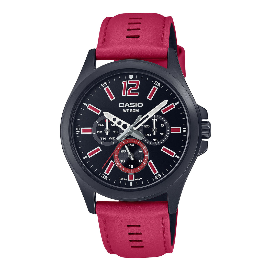 Casio Men's Analog Red Leather Strap Watch MTPE350BL-1B MTP-E350BL-1B Watchspree