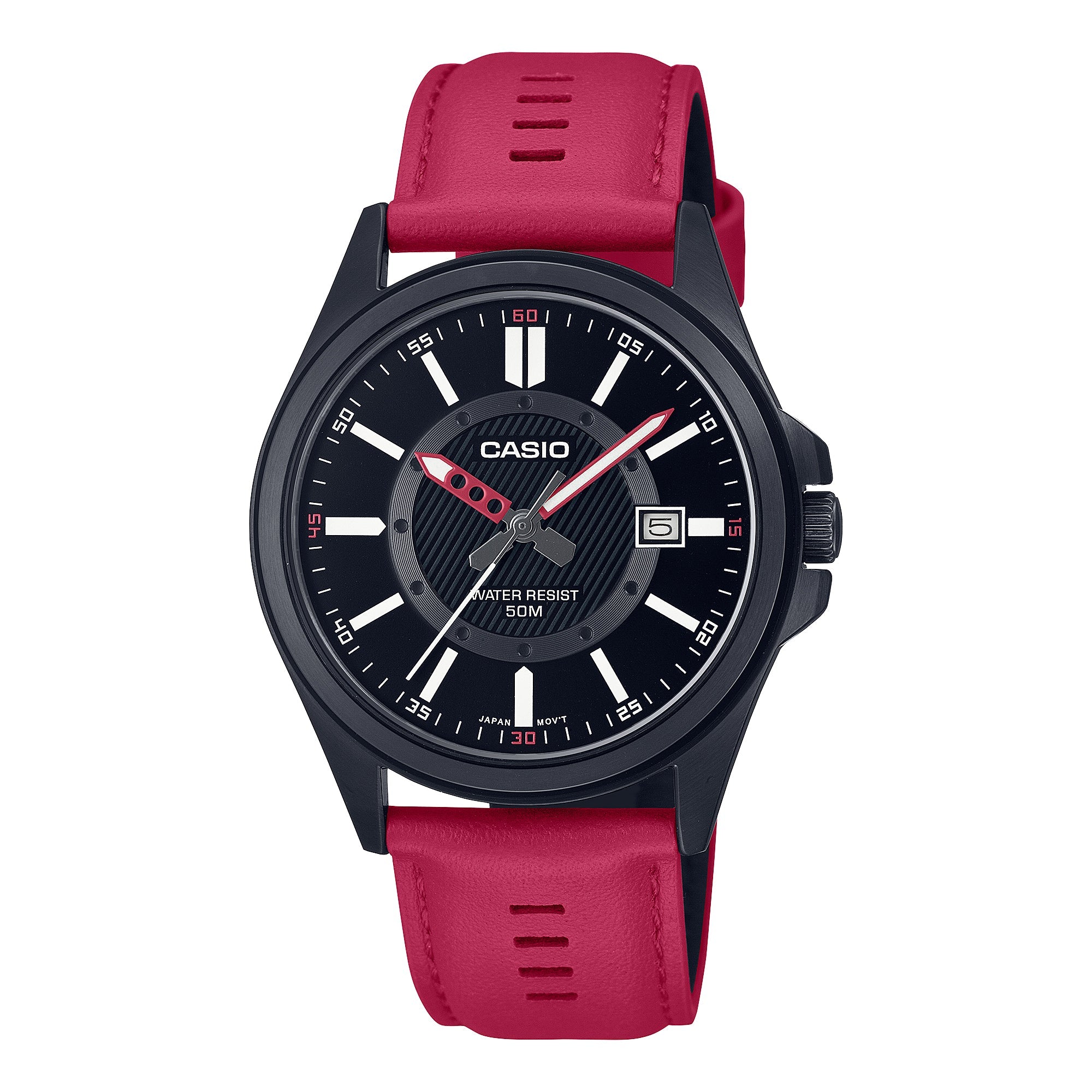 Casio Men's Analog Red Leather Strap Watch MTPE700BL-1E MTP-E700BL-1E Watchspree
