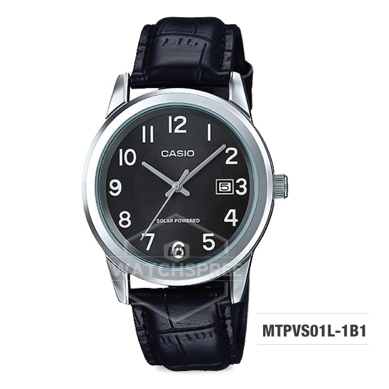 Casio Men's Analog Solar Powered Black Leather Strap Watch MTPVS01L-1B1 Watchspree