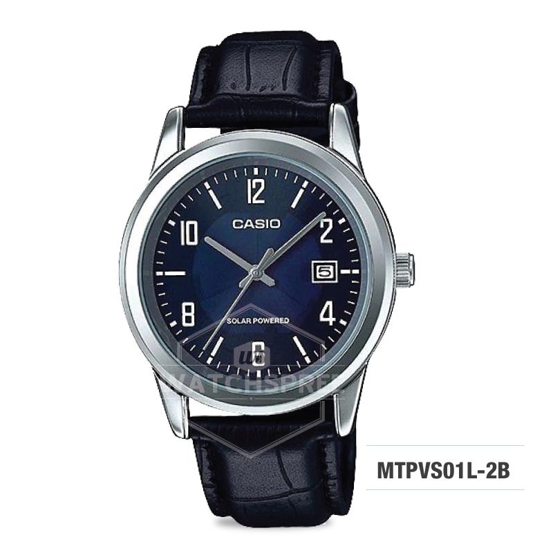 Casio Men's Analog Solar Powered Black Leather Strap Watch MTPVS01L-2B MTP-VS01L-2B Watchspree