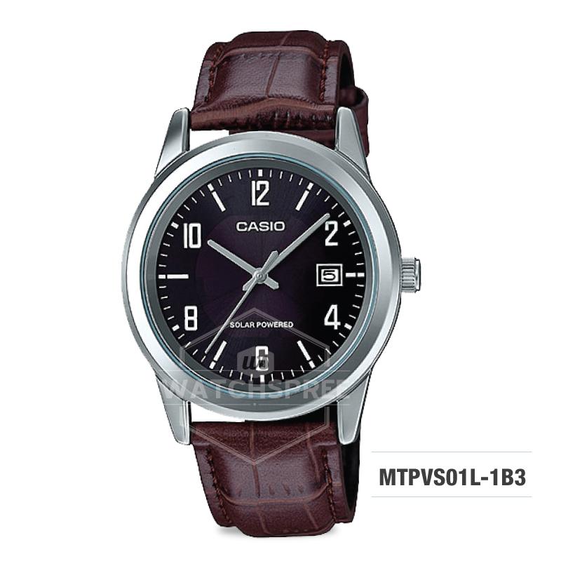 Casio Men's Analog Solar Powered Dark Brown Leather Strap Watch MTPVS01L-1B3 MTP-VS01L-1B3 Watchspree