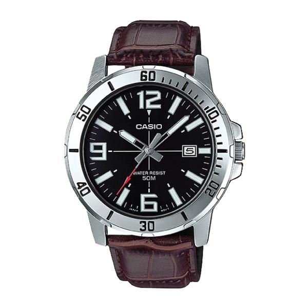 Casio Men's Diver Look Dark Brown Leather Strap Watch MTPVD01L-1B MTP-VD01L-1B Watchspree