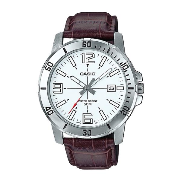 Casio Men's Diver Look Dark Brown Leather Strap Watch MTPVD01L-7B MTP-VD01L-7B Watchspree