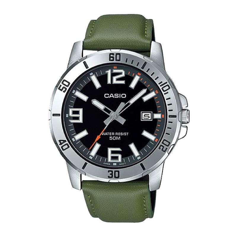 Casio Men's Diver Look Green Leather Strap Watch MTPVD01L-3B MTP-VD01L-3B Watchspree