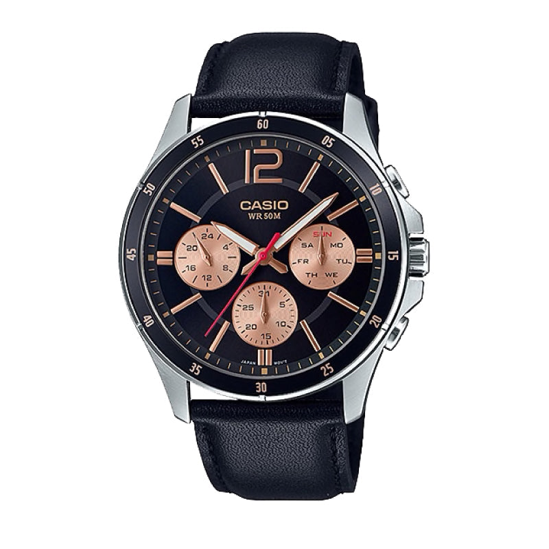 Casio Men's Multi-Hand Black Leather Strap Watch MTP1374L-1A2 MTP-1374L-1A2 Watchspree