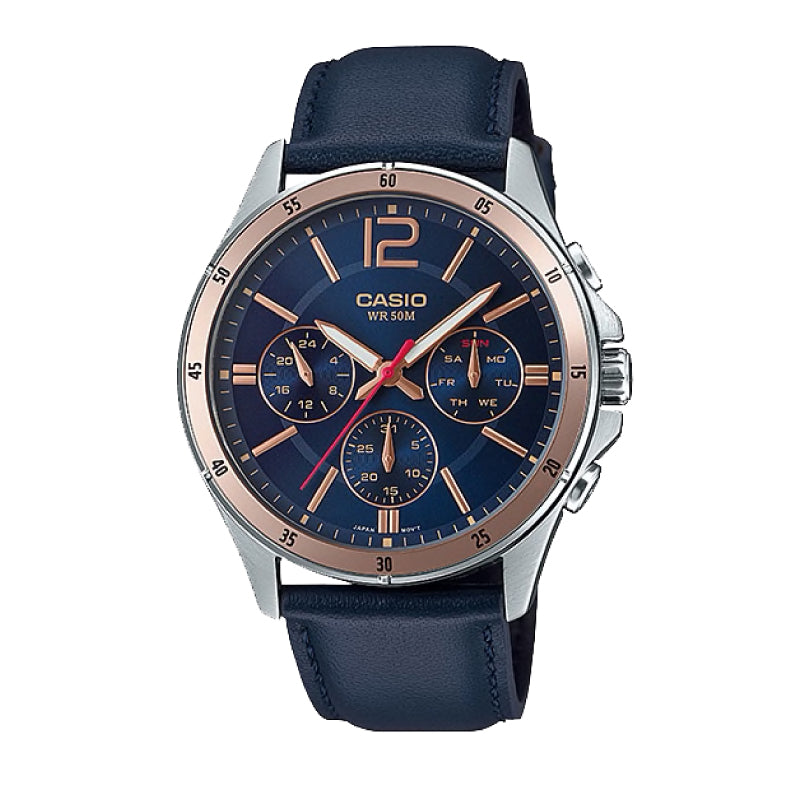 Casio Men's Multi-Hand Blue Leather Strap Watch MTP1374L-2A MTP-1374L-2A Watchspree