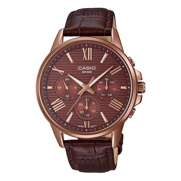 Casio Men's Multi-Hand Brown Leather Band Watch MTPEX300RL-5A MTP-EX300RL-5A Watchspree