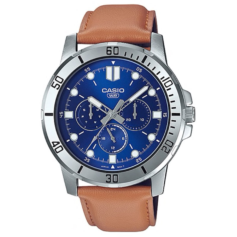 Casio Men's Multi-Hand Brown Leather Strap Watch MTPVD300L-2E MTP-VD300L-2E Watchspree
