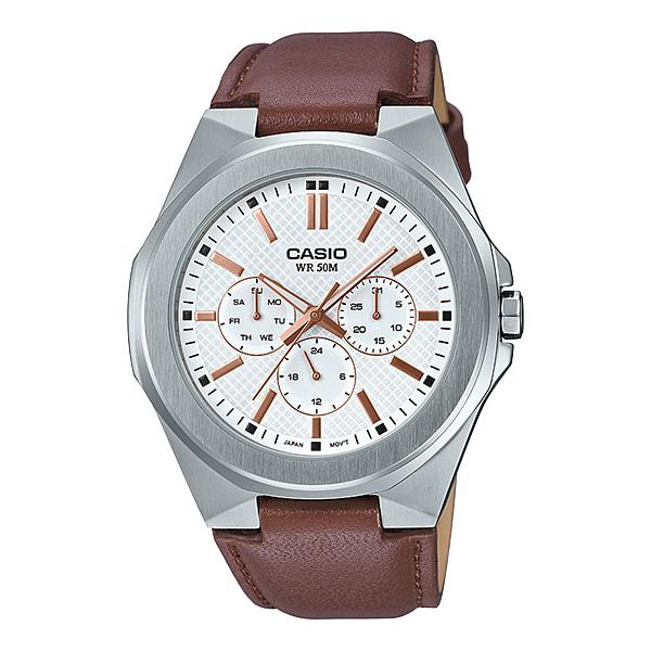 Casio Men's Multi-Hand Dark Brown Leather Band Watch MTPSW330L-7A MTP-SW330L-7A Watchspree