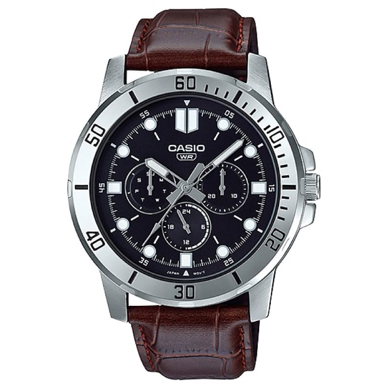 Casio Men's Multi-Hand Dark Brown Leather Strap Watch MTPVD300L-1E MTP-VD300L-1E Watchspree