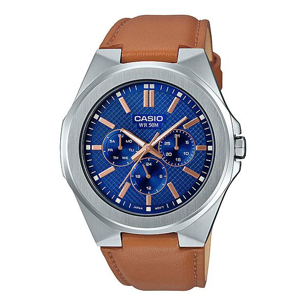 Casio Men's Multi-Hand Light Brown Leather Band Watch MTPSW330L-2A MTP-SW330L-2A Watchspree