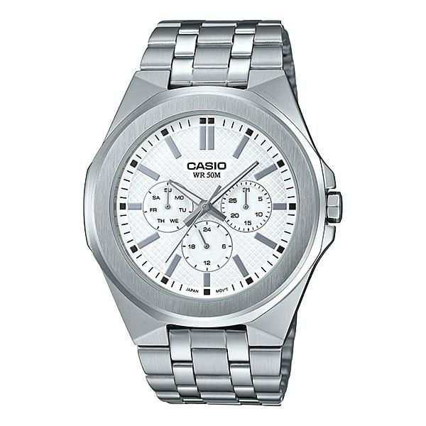 Casio Men's Multi-Hand Silver Stainless Steel Band Watch MTPSW330D-7A MTP-SW330D-7A Watchspree