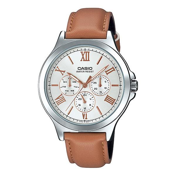 Casio Men's Multi-Hands Brown Leather Band Watch MTPV300L-7A2 MTP-V300L-7A2 Watchspree
