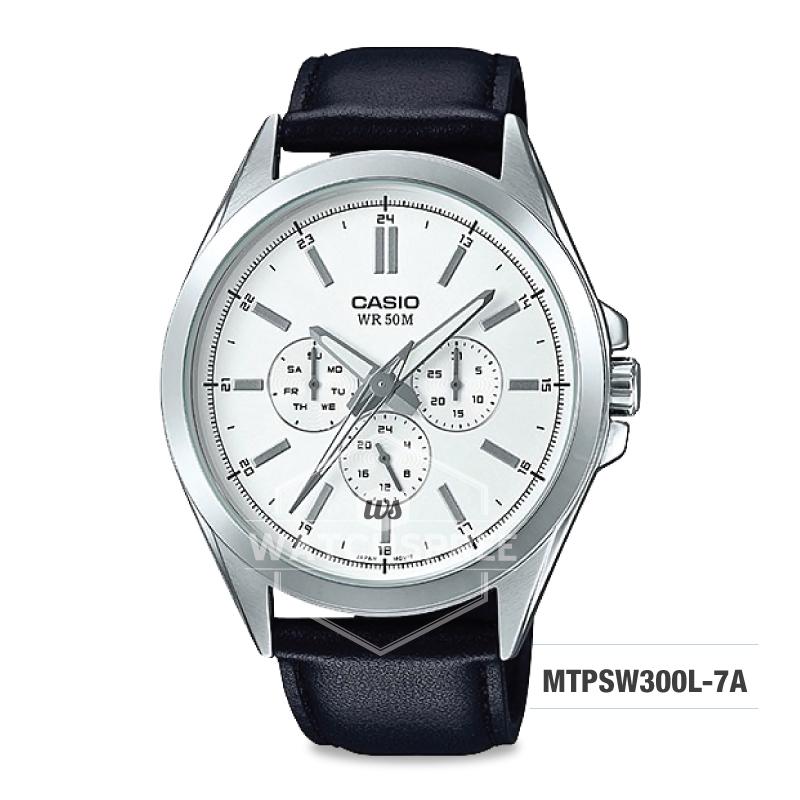 Casio Men's Multi-Hands Series Black Genuine Leather Band Watch MTPSW300L-7A MTP-SW300L-7A Watchspree