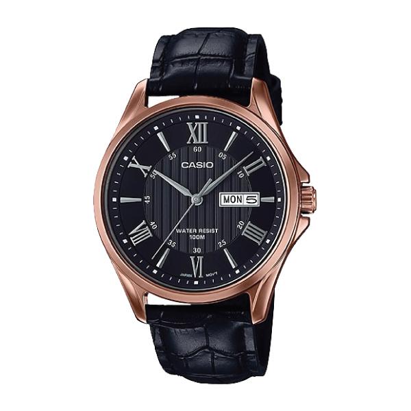Casio Men's Standard Analog Black Leather Strap Watch MTP1384L-1A2 MTP-1384L-1A2 Watchspree
