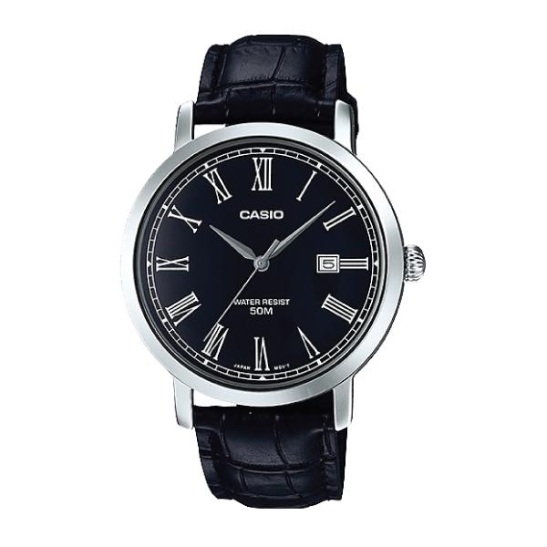 Casio Men's Standard Analog Black Leather Strap Watch MTPE149L-1B MTP-E149L-1B Watchspree