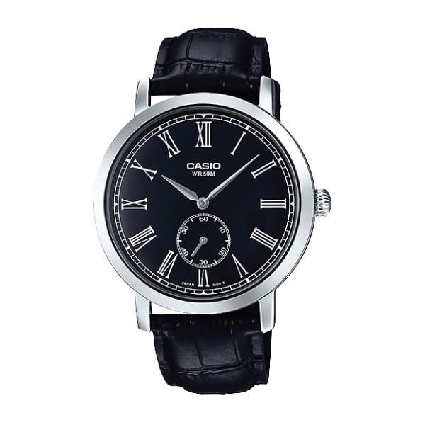 Casio Men's Standard Analog Black Leather Strap Watch MTPE150L-1B MTP-E150L-1B Watchspree