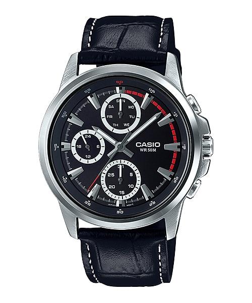 Casio Men's Standard Analog Black Leather Strap Watch MTPE317L-1A MTP-E317L-1A Watchspree