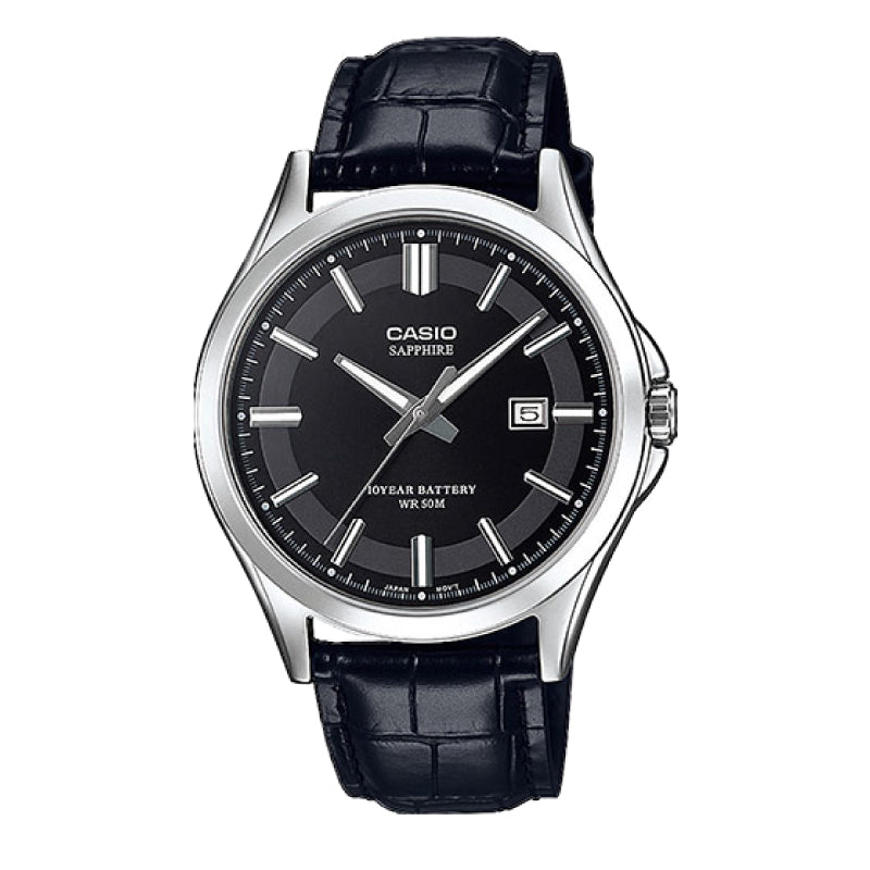 Casio Men's Standard Analog Black Leather Strap Watch MTS100L-1A MTS-100L-1A Watchspree